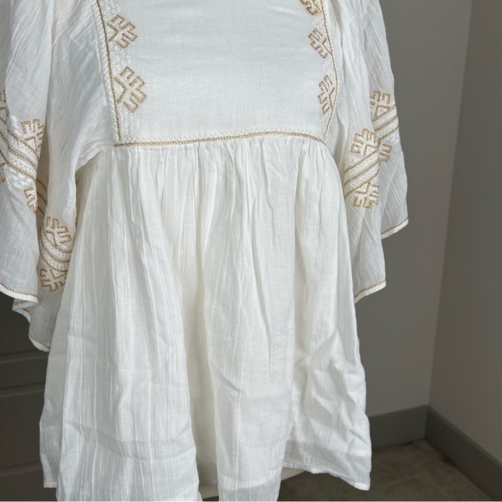Vanessa Bruno Nael Blouse Gold Embroidered Flutter Slv Boho Babydoll Top Sz S - Picture 7 of 11